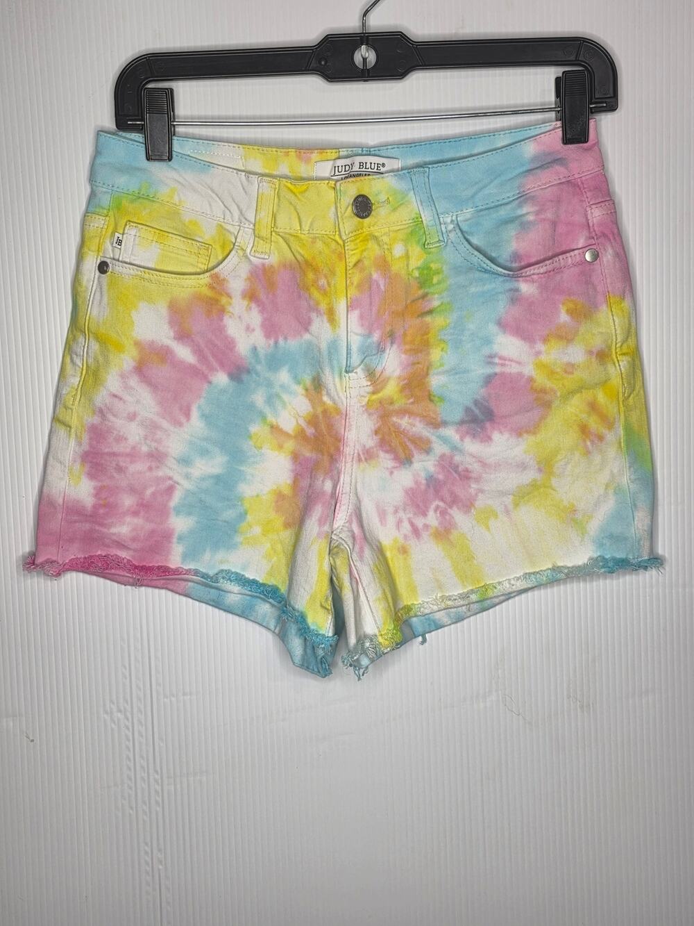 Judy Blue Size S Tie Dye Denim Shorts Multi Color Raw Hem Stretchy Summer Casual